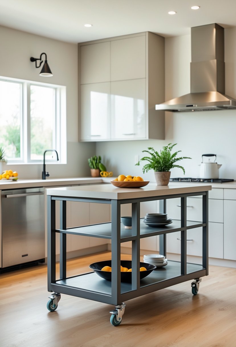 A modern movable kitchen island with wheels in a bright kitchen with stainless steel appliances and clean countertops.