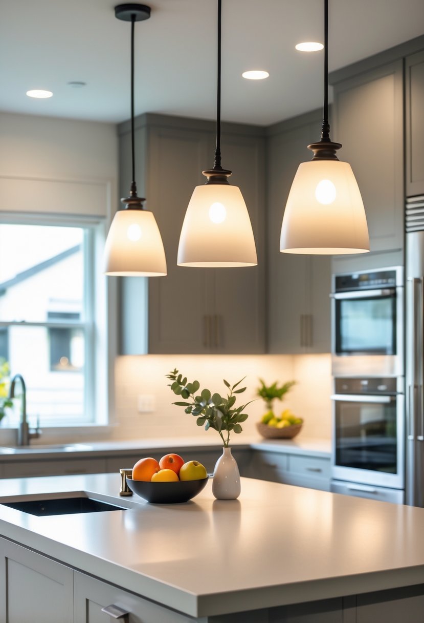 A kitchen island with pendant lights hanging above, surrounded by modern kitchen cabinets and appliances.