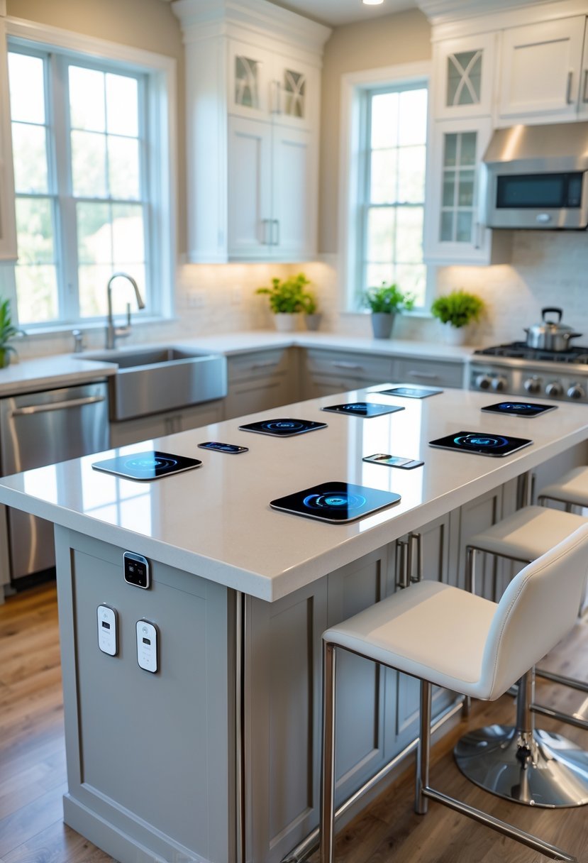 A modern kitchen with a large island that has built-in smart charging stations and bar stools around it.