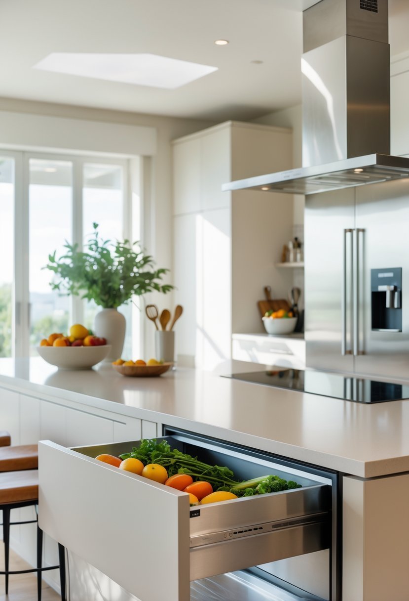 A modern kitchen with a spacious island that has a built-in refrigerator drawer open, showing fresh produce inside.