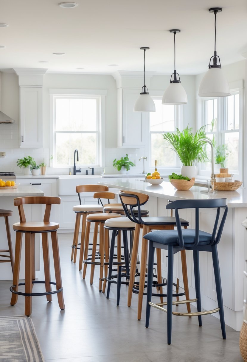 A modern kitchen with a long island lined with twenty different bar stools in various designs and colors.
