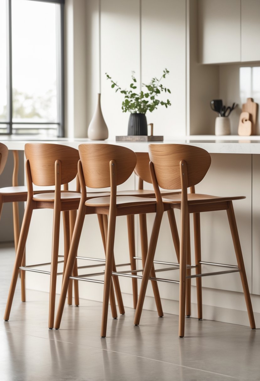 A set of wooden bar stools arranged around a kitchen island in a bright kitchen.