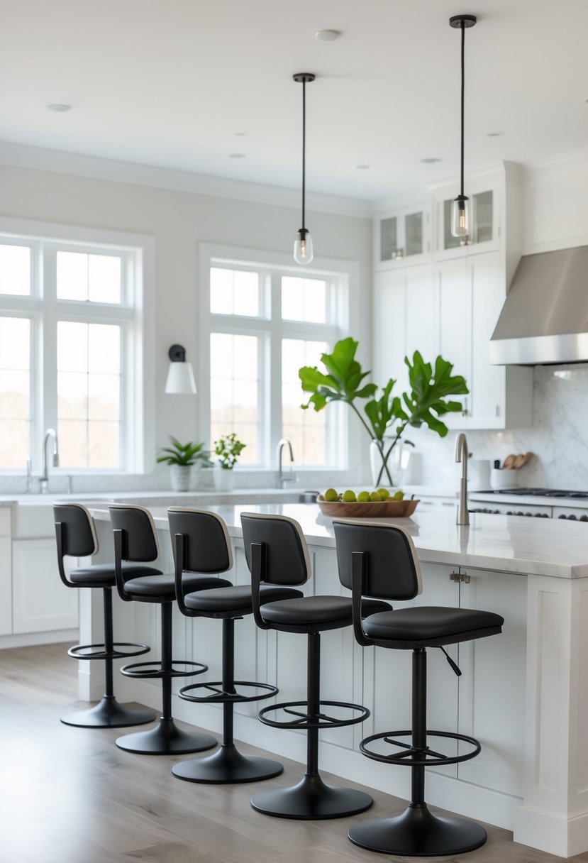 A modern kitchen with adjustable swivel bar stools arranged around a kitchen island.