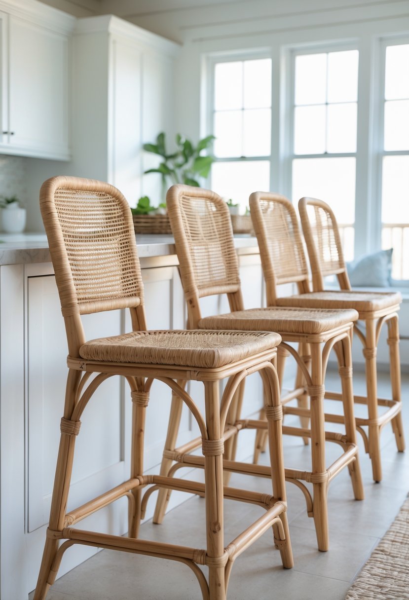 A kitchen island with rattan woven bar stools neatly arranged under it in a bright kitchen.