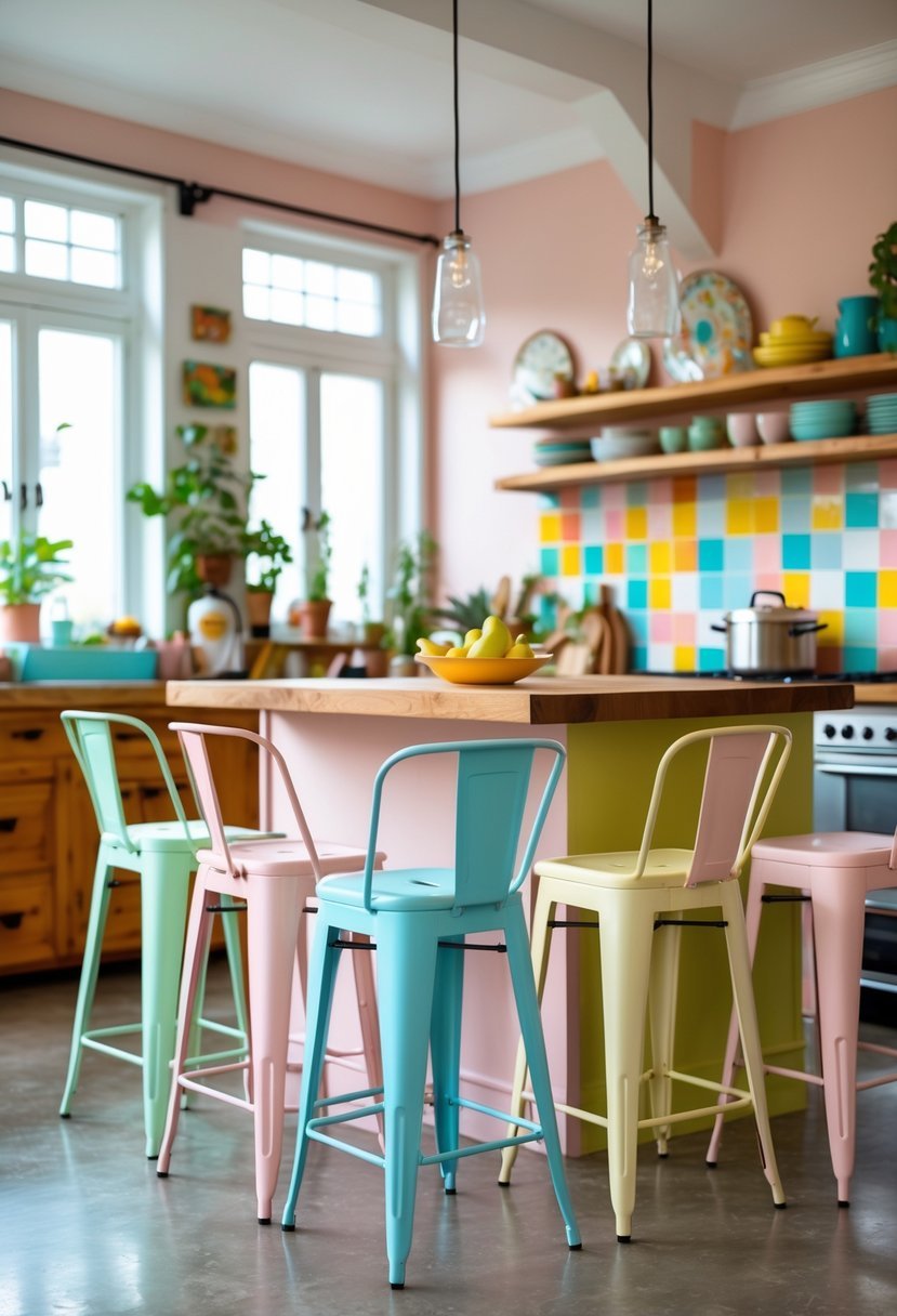 A kitchen island surrounded by pastel-colored metal bar stools in a bright and eclectic kitchen.