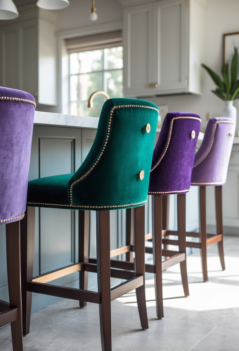 A group of colorful velvet bar stools arranged around a kitchen island in a bright kitchen.