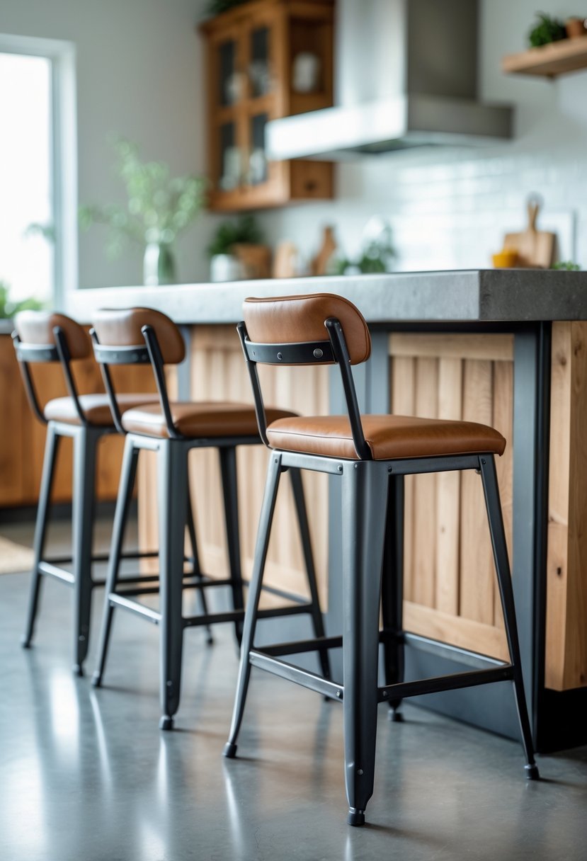 A set of bar stools arranged around a kitchen island in a bright and clean kitchen.