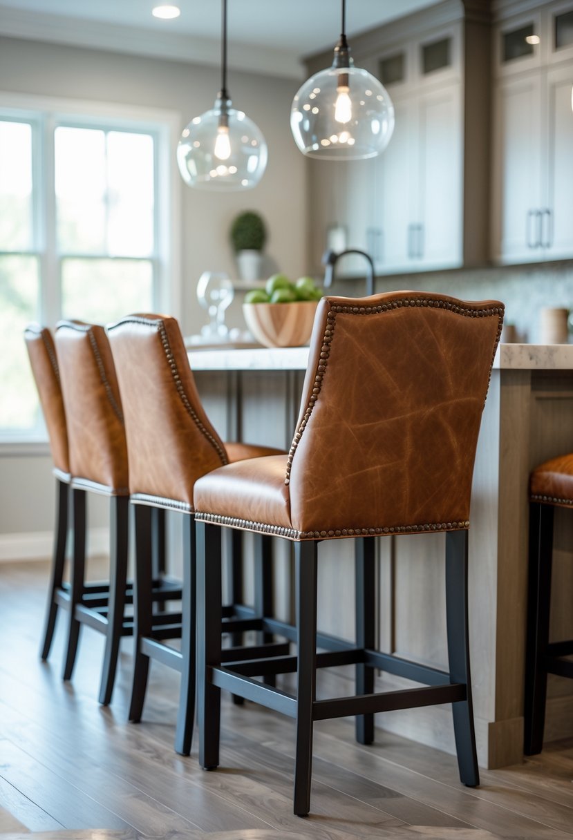 A set of leather bar stools arranged around a kitchen island in a modern kitchen.