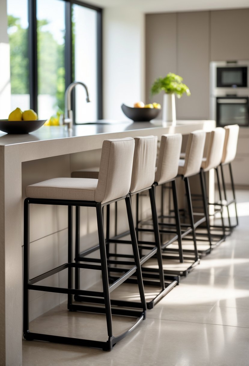 A modern kitchen with a row of counter stools featuring built-in footrests lined up along a kitchen island.