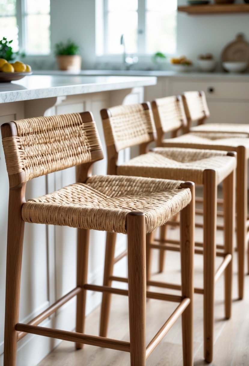 A row of kitchen bar stools with woven seats arranged around a kitchen island in a bright kitchen.