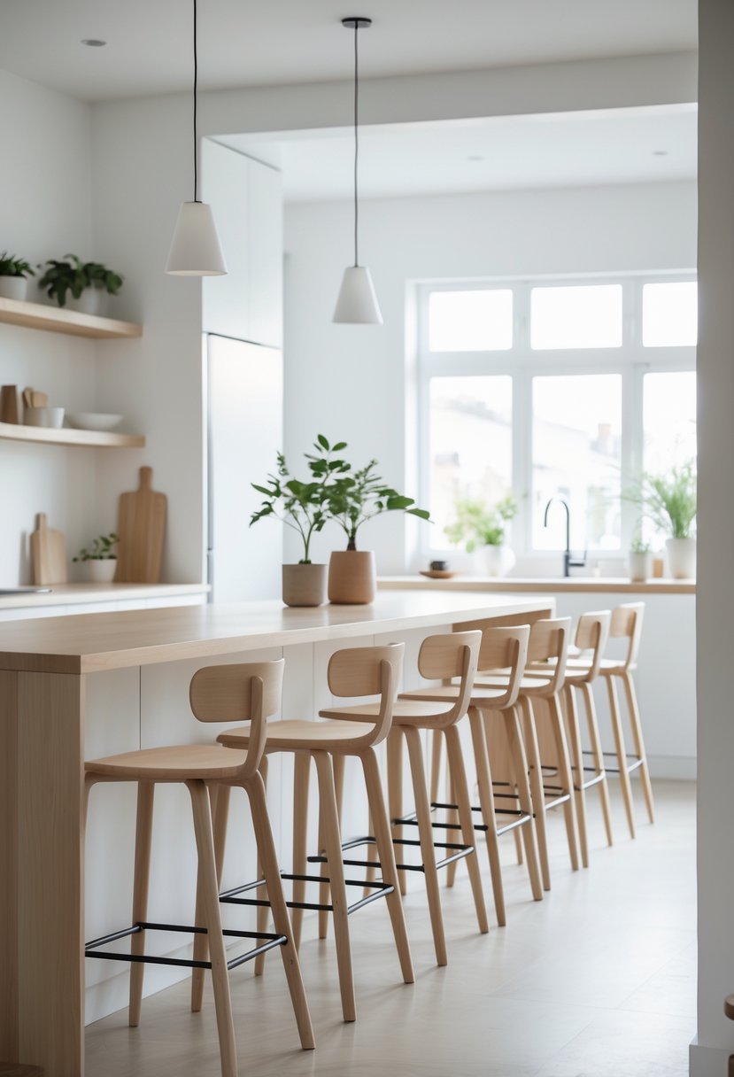 A bright kitchen with a row of wooden bar stools lined up along a kitchen island.