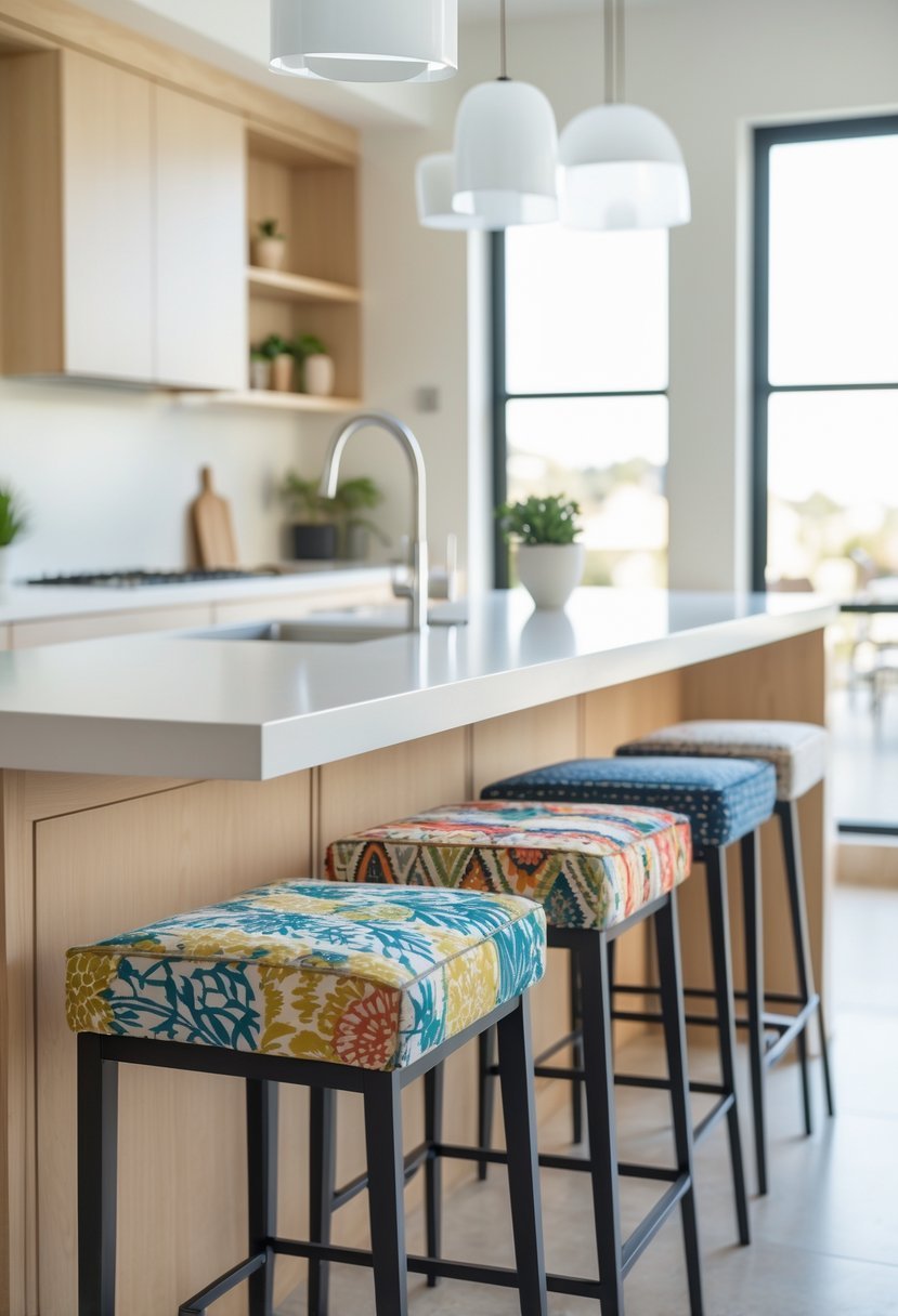 A row of kitchen bar stools with patterned fabric seats lined up along a kitchen island in a bright and spacious kitchen.
