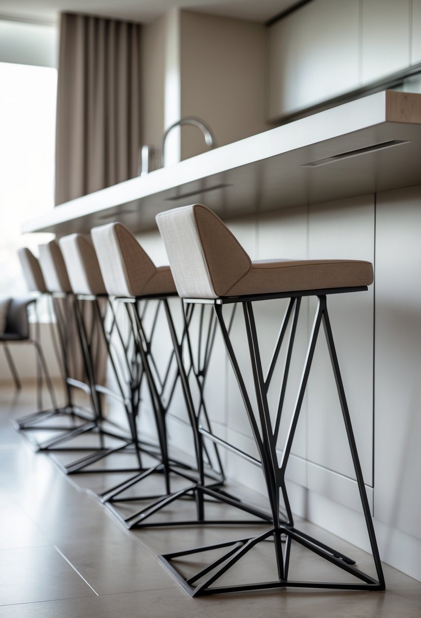 A row of kitchen bar stools with geometric metal bases lined up along a kitchen island in a bright kitchen.