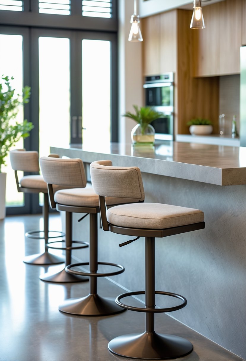 A row of swivel bar stools with cushioned seats lined up along a kitchen island in a bright kitchen.