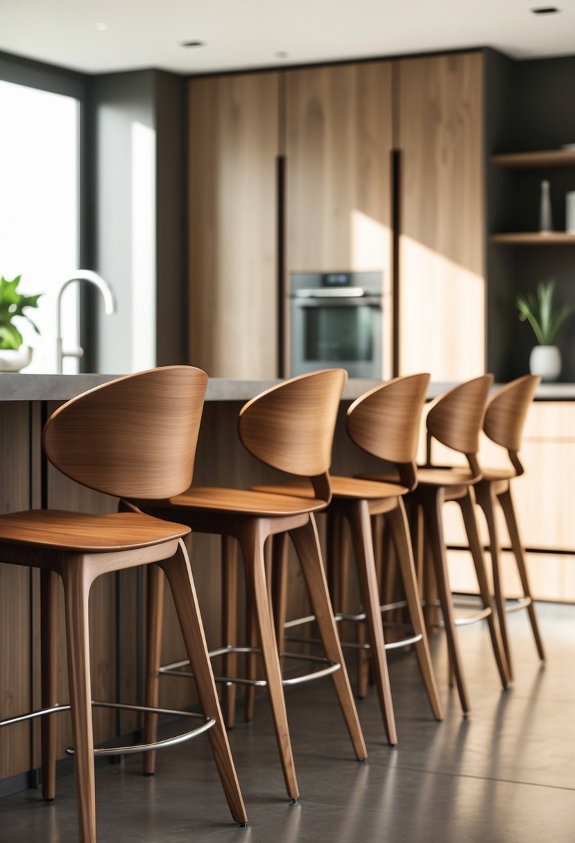 A row of bar stools with curved wooden backs lined up along a kitchen island in a bright kitchen.