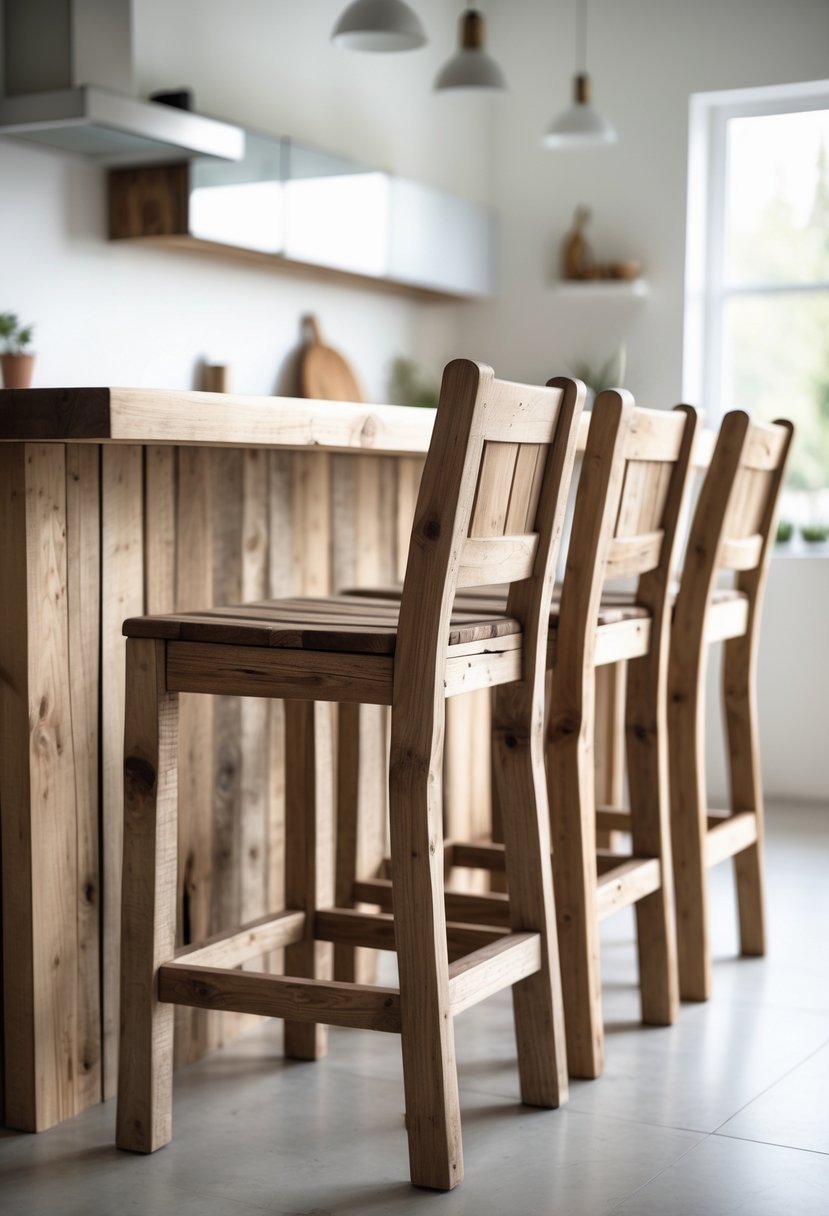 A set of wooden bar stools arranged around a kitchen island in a bright kitchen.