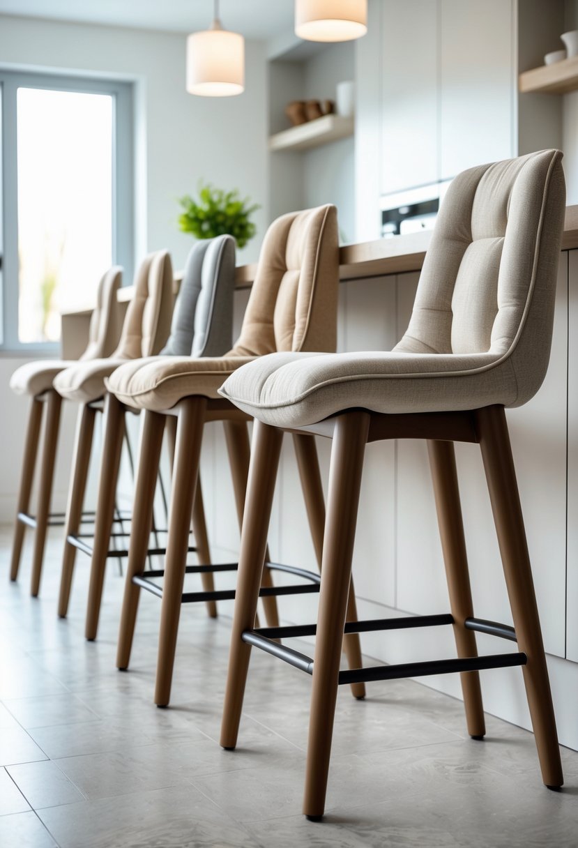 A row of padded bar stools in neutral colors arranged along a kitchen island in a bright kitchen.