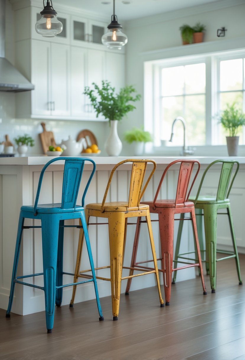 A set of colorful metal bar stools arranged around a kitchen island in a bright kitchen.