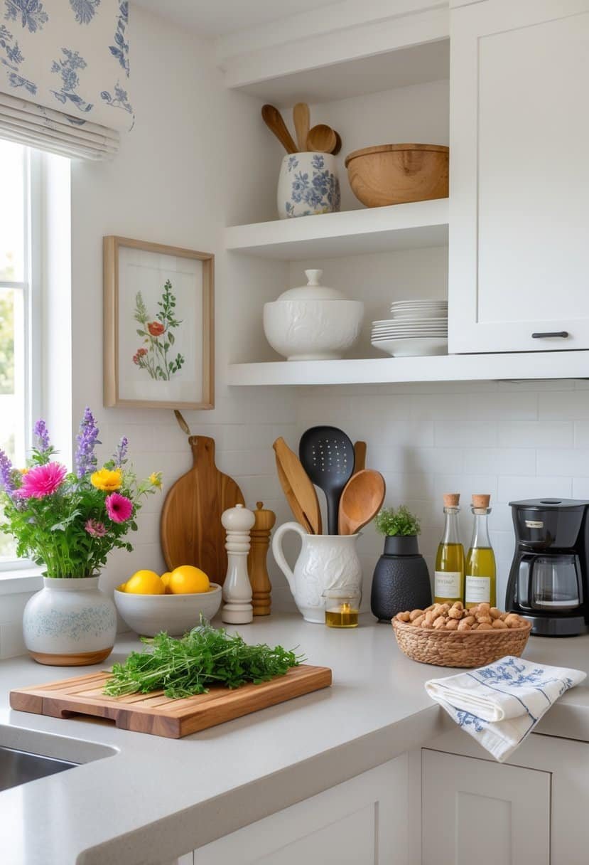 A kitchen countertop decorated with various items including plants, fresh fruit, cooking utensils, candles, cookbooks, and jars arranged neatly.