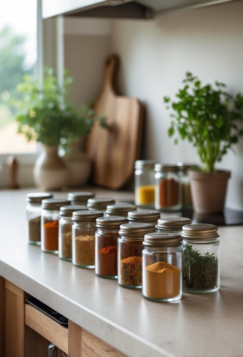 A small collection of vintage spice jars filled with colorful spices arranged on a kitchen counter.