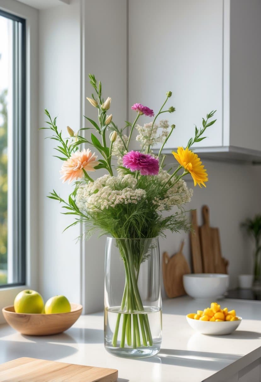A kitchen counter with a clear glass vase holding fresh flowers, surrounded by kitchen items like a cutting board and fruit bowl.