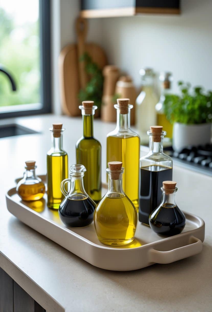 A ceramic tray on a kitchen counter holding several bottles of oils and vinegars.