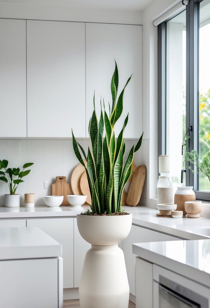A modern kitchen counter with a tall snake plant and various kitchen decorations in natural light.