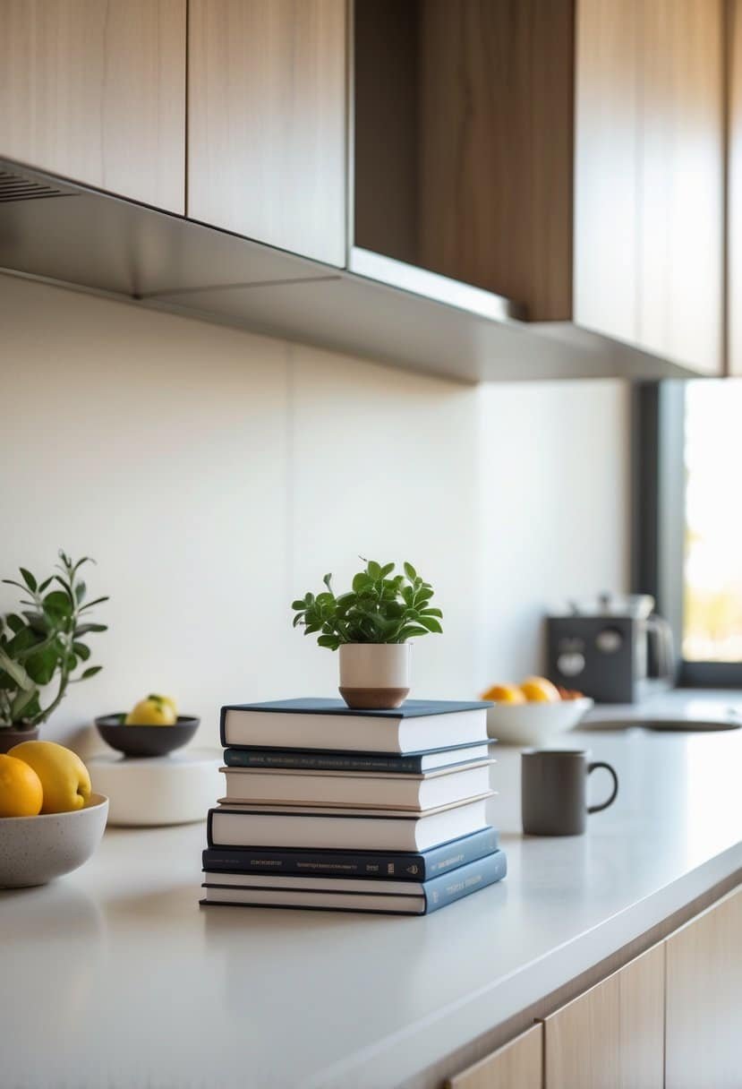 A kitchen counter with a stack of design books, a small potted plant, a bowl of fruit, and a coffee mug.
