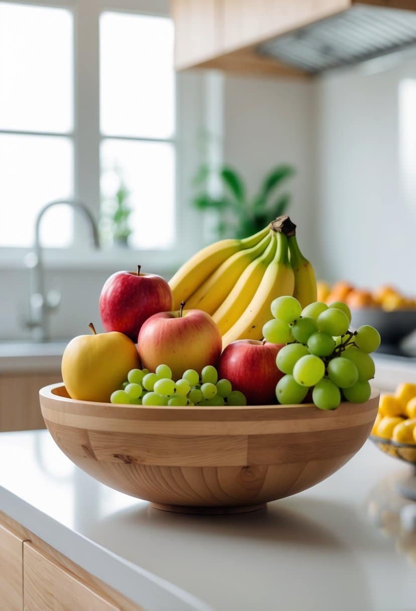 A wooden bowl filled with apples, bananas, and grapes on a kitchen counter.