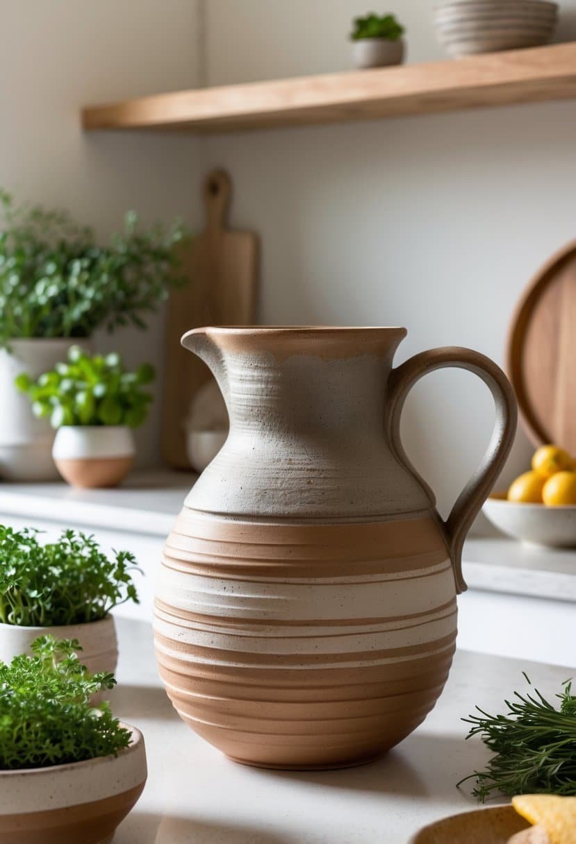 A handcrafted pottery pitcher on a kitchen counter surrounded by herbs, a cutting board, and fruit in a modern kitchen.
