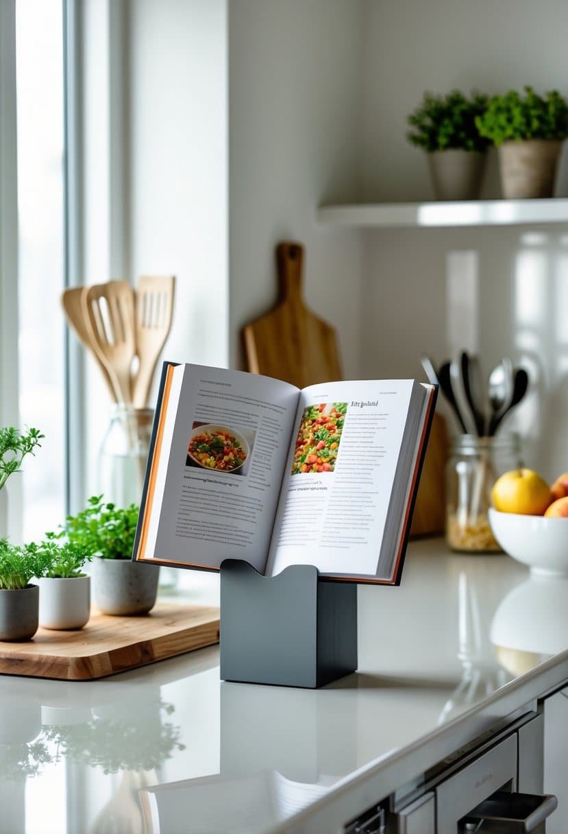A kitchen countertop with a sleek cookbook stand holding an open cookbook, surrounded by potted herbs, utensils, and fresh fruit.