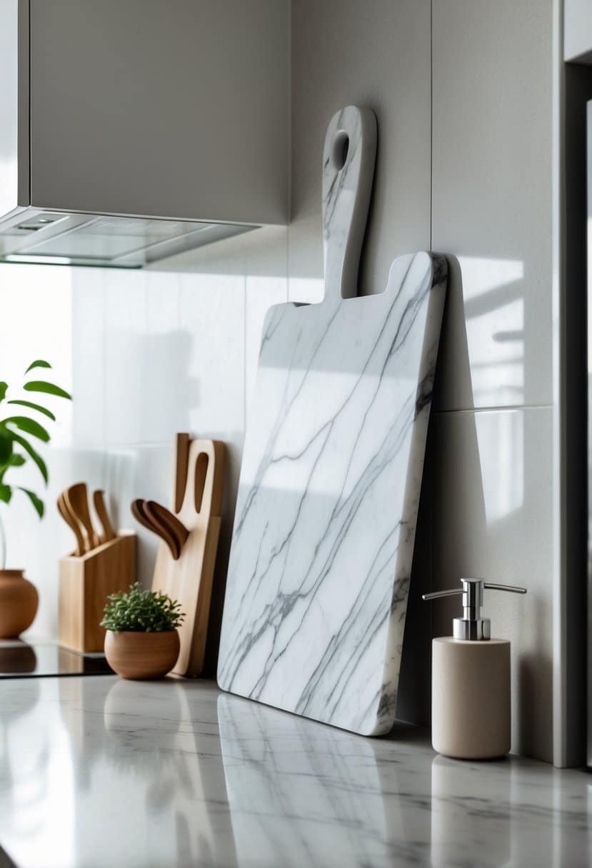 A kitchen counter with a marble cutting board placed vertically against the backsplash surrounded by kitchen accessories.