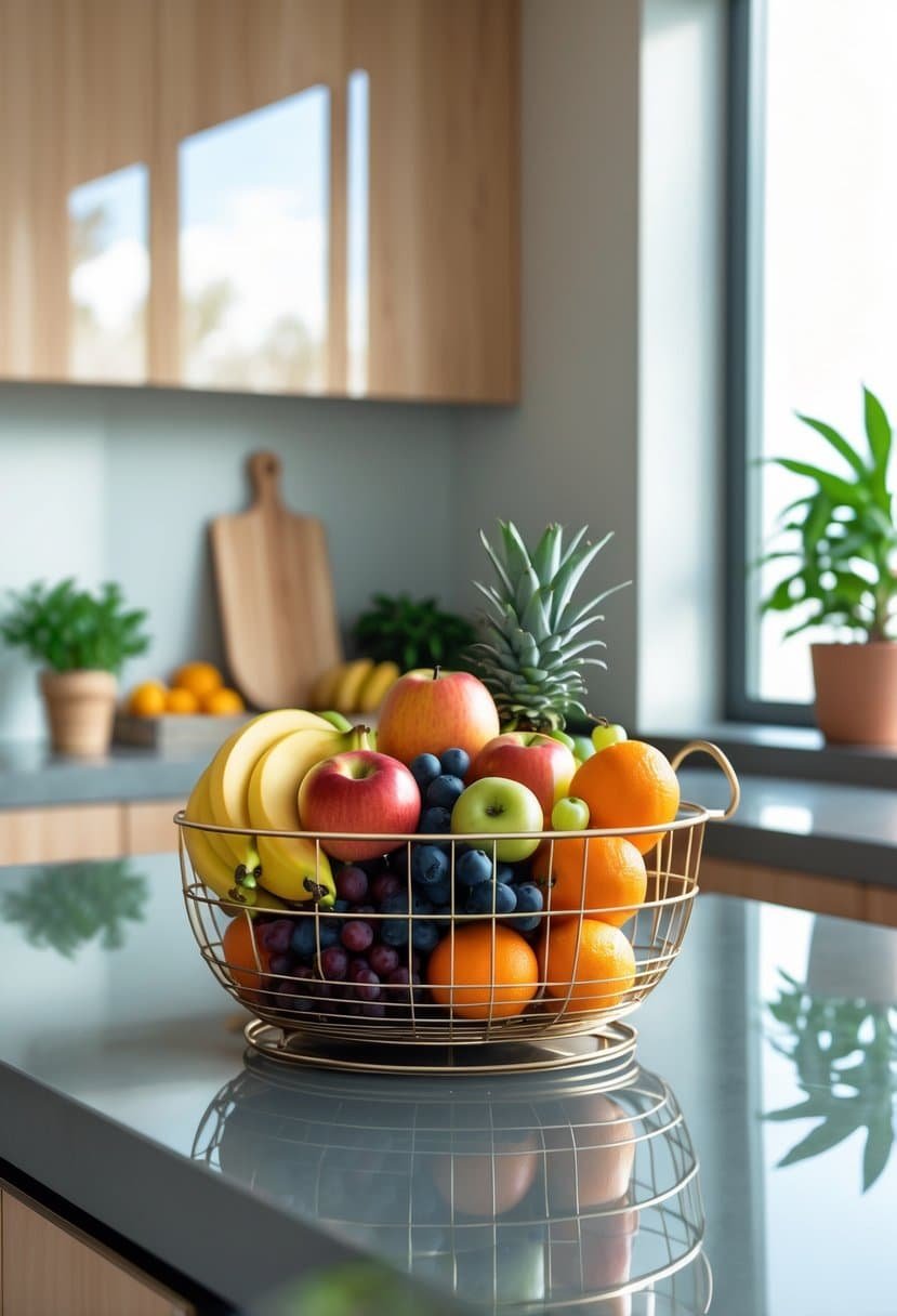 A modern metallic fruit basket filled with fresh fruits on a clean kitchen counter with natural light.