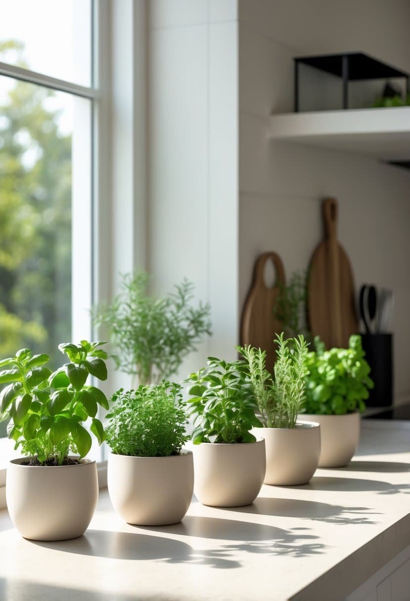 A kitchen counter with several ceramic pots holding fresh green herbs arranged neatly under natural light.