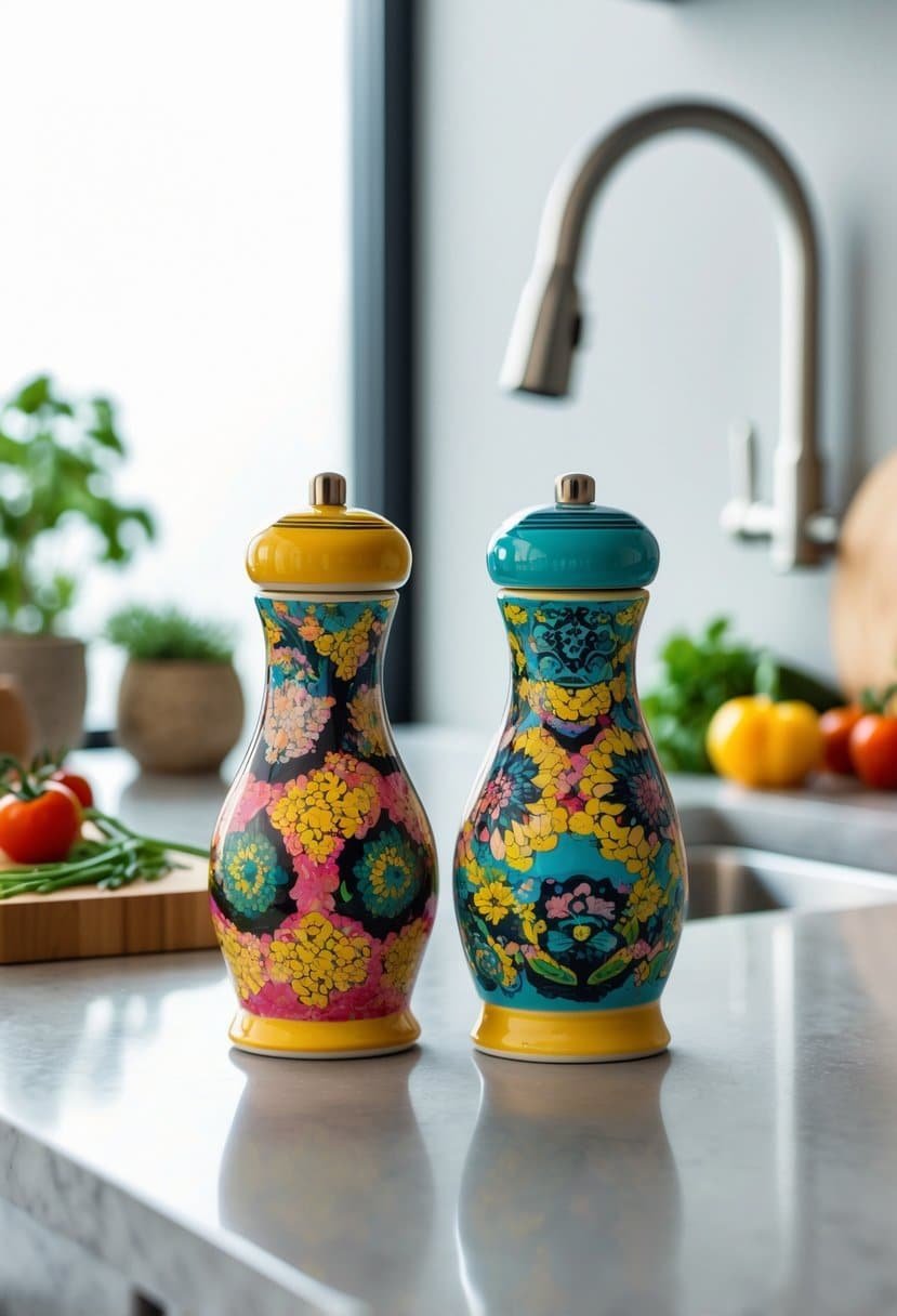 A colorful ceramic salt and pepper set on a kitchen counter surrounded by kitchen decor items.