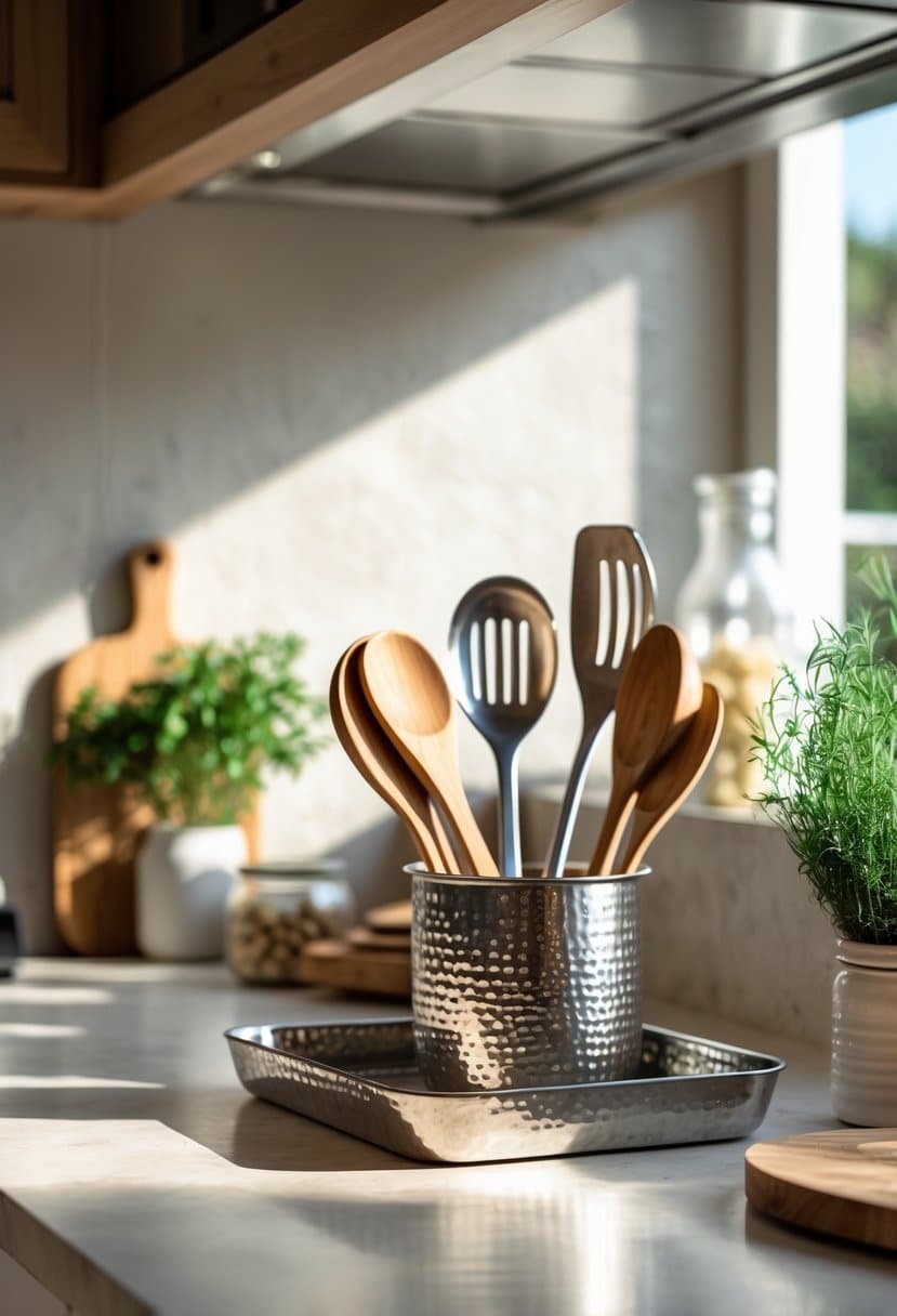 A kitchen countertop with a hammered metal tray holding various utensils, surrounded by potted herbs, a cutting board, and glass jars.