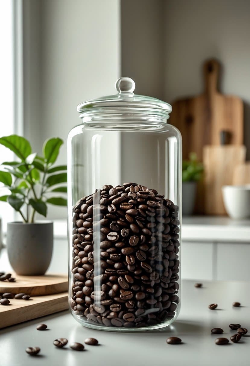 A glass jar filled with coffee beans sitting on a kitchen counter with kitchen decor in the background.