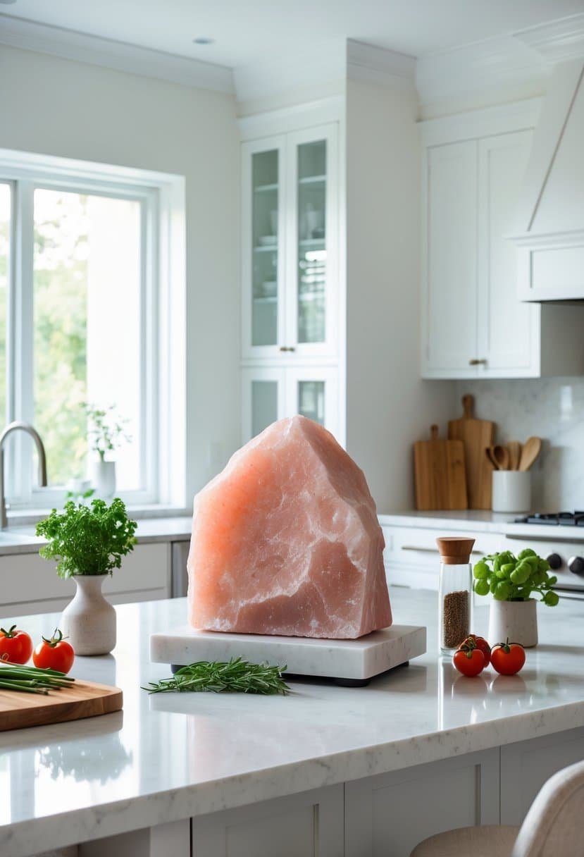 A kitchen countertop with a large pink salt block used for cooking, surrounded by fresh vegetables and herbs in a bright kitchen.