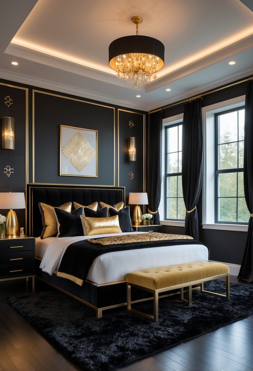 A bedroom with a large bed, black and gold decor, lamps, curtains, and a chandelier creating a warm and elegant atmosphere.