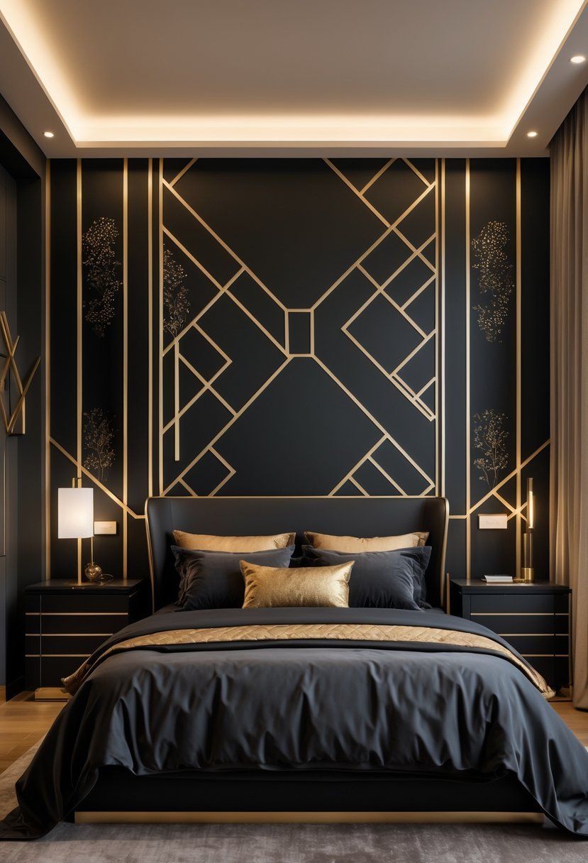 A bedroom with a black wall decorated with gold geometric patterns, a bed, and bedside tables.