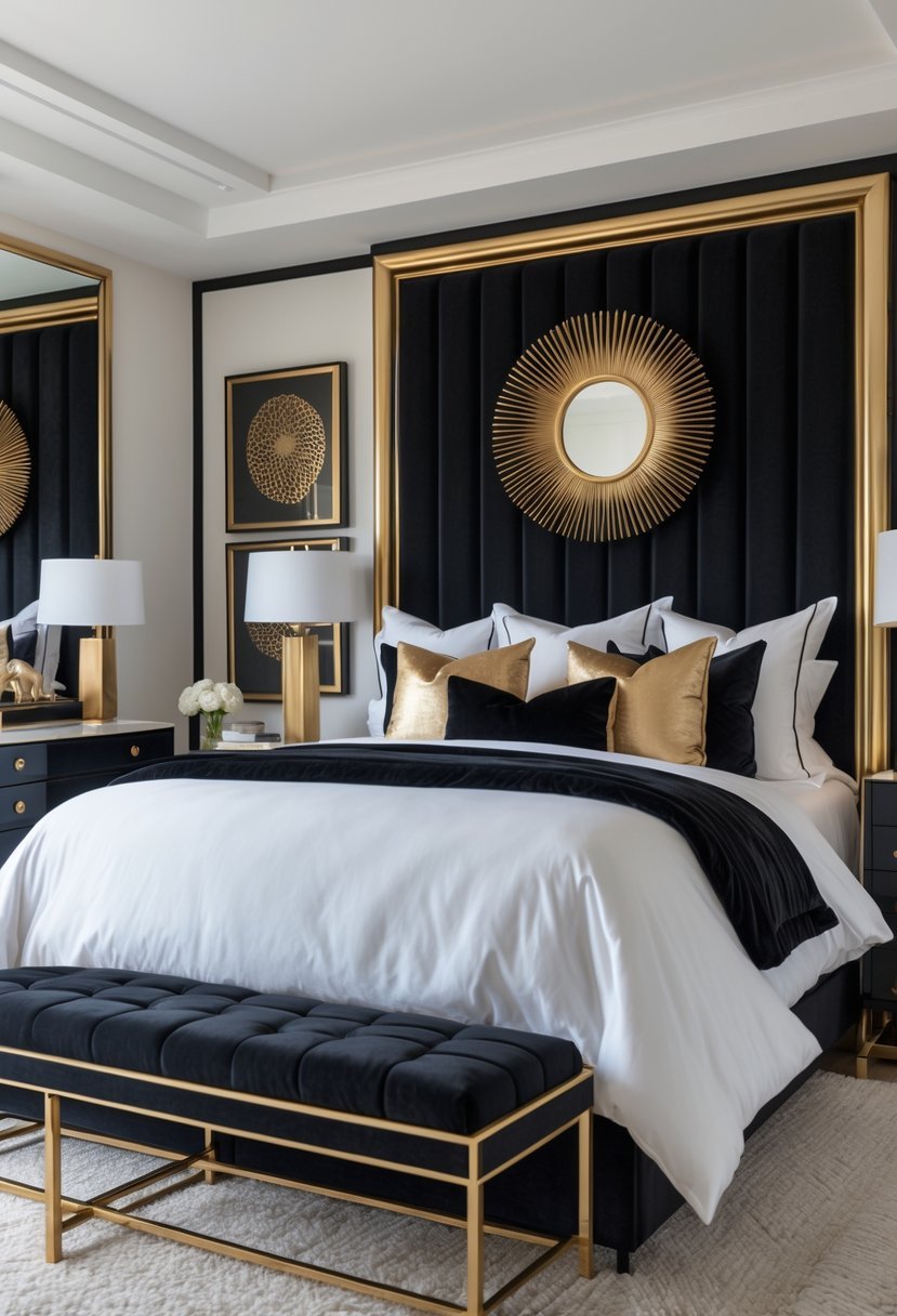 A bedroom with a black velvet headboard framed in gold, a neatly made bed, and matching black and gold decor.