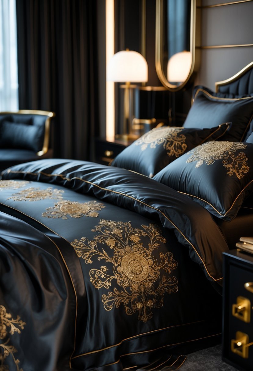 A bedroom with a bed covered in black silk bedding decorated with gold embroidery.