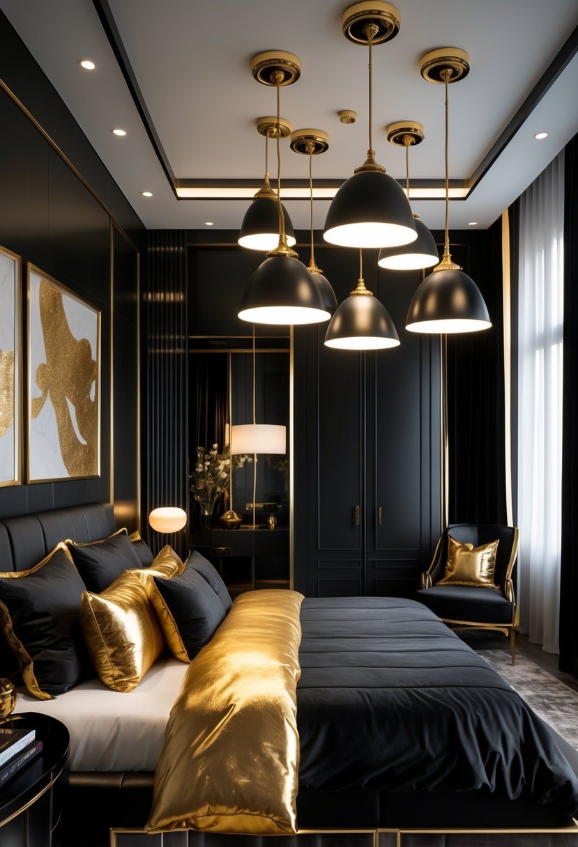 A bedroom with gold pendant lights featuring black shades hanging above a bed with black and gold bedding.