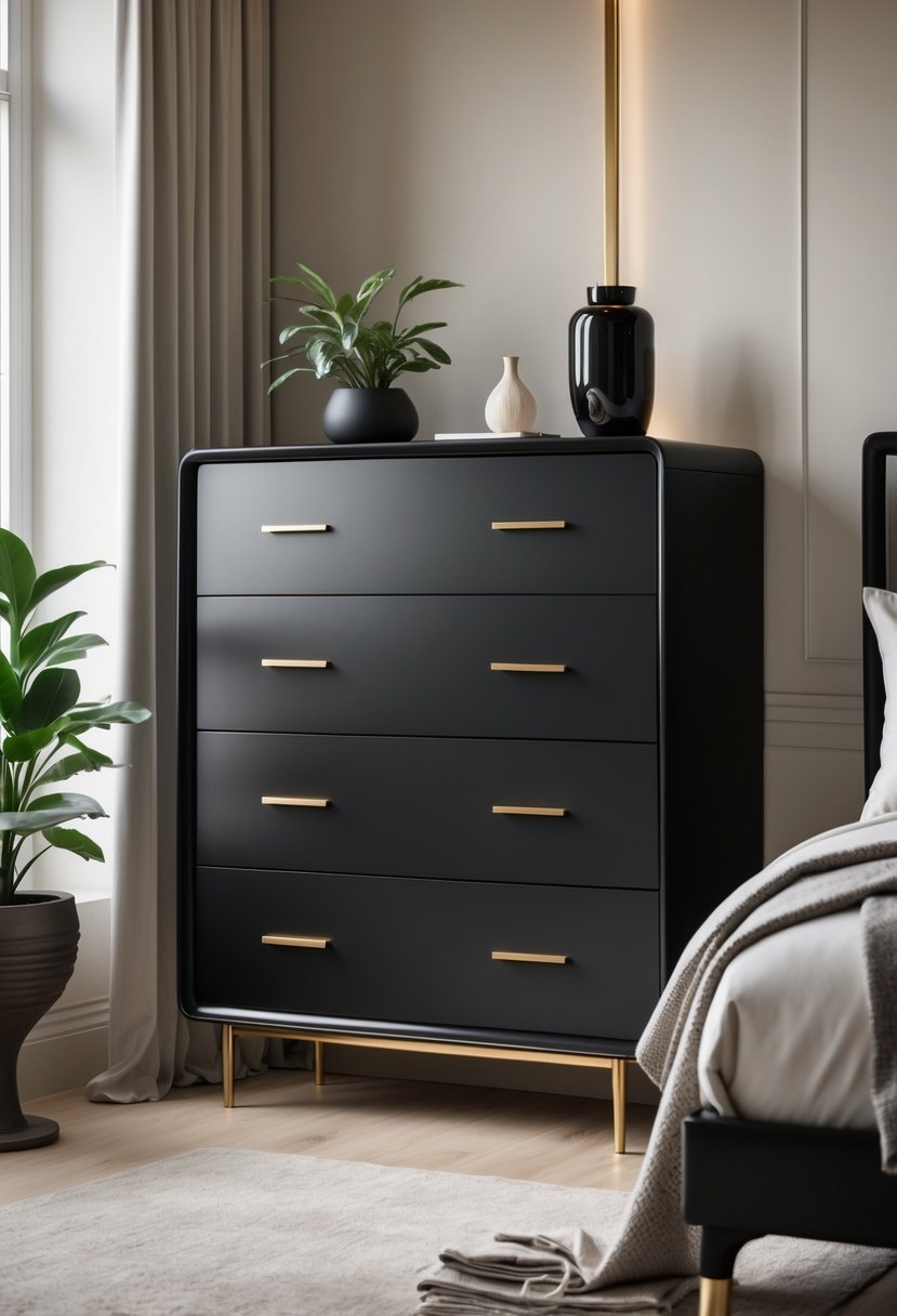 A black dresser with gold handles in a bedroom with neutral walls and decorative items nearby.
