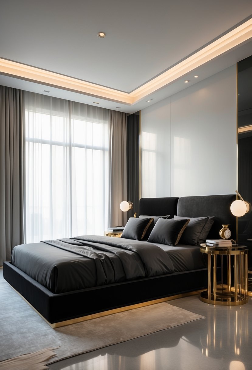 A bedroom with a black bed and gold side tables placed next to it.