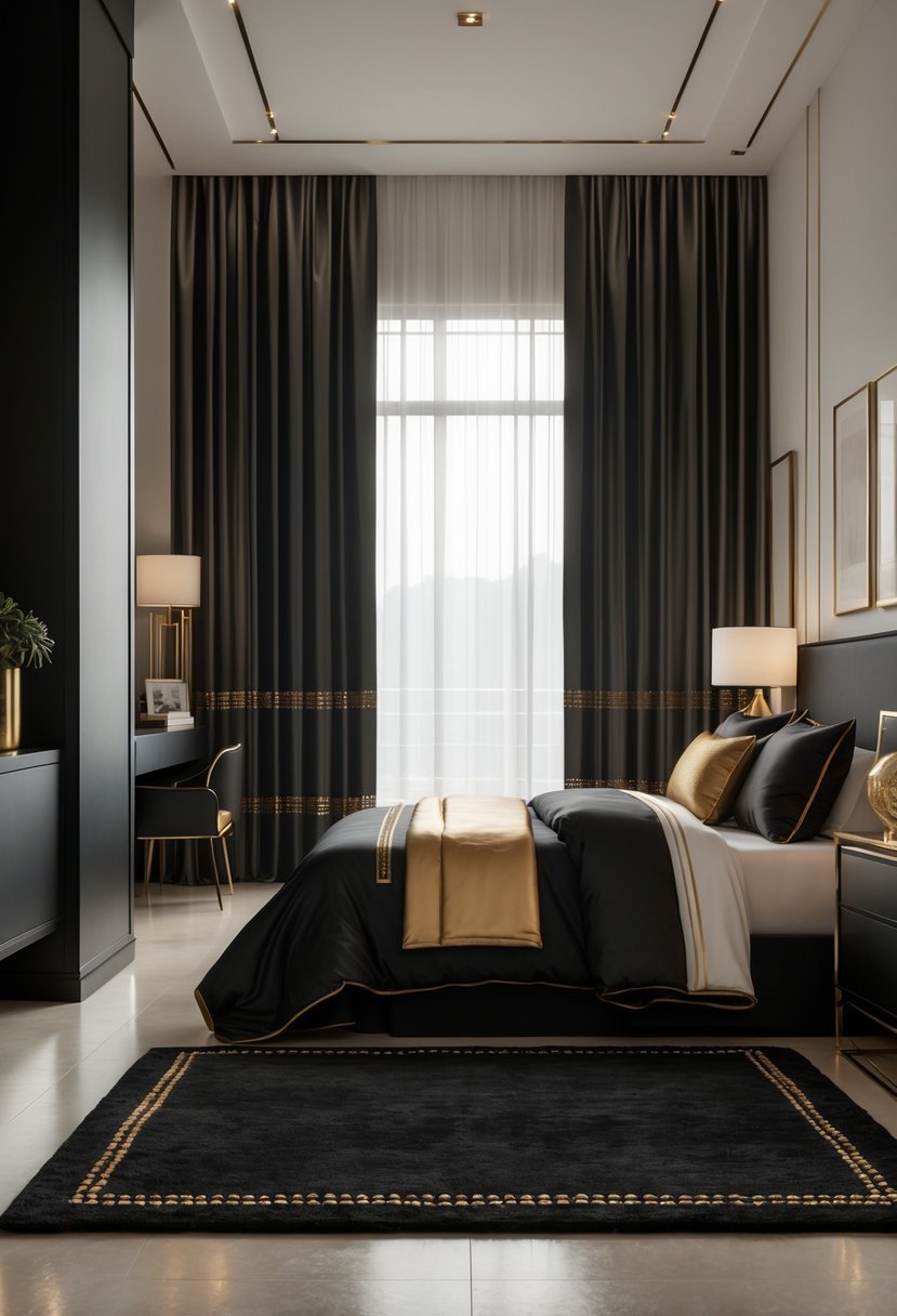 A bedroom with a bed and black rugs featuring subtle gold threading, decorated with gold accents and natural light.