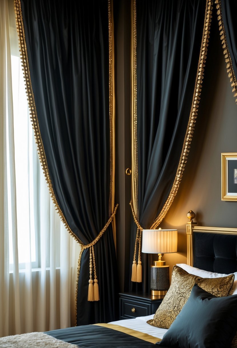 A bedroom with black curtains trimmed in gold, a bed with black and gold bedding, and gold decorative accents.