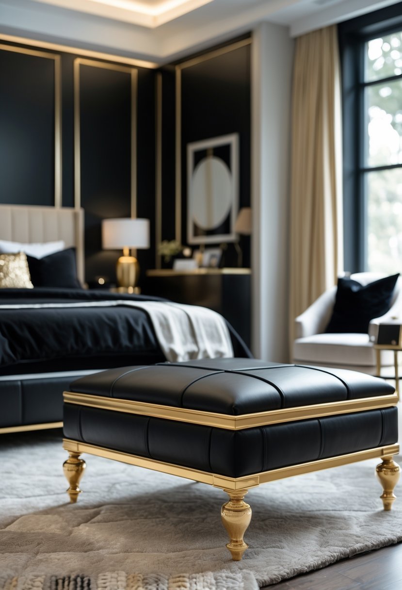 A black leather ottoman with gold legs in a bedroom with black and gold decor.