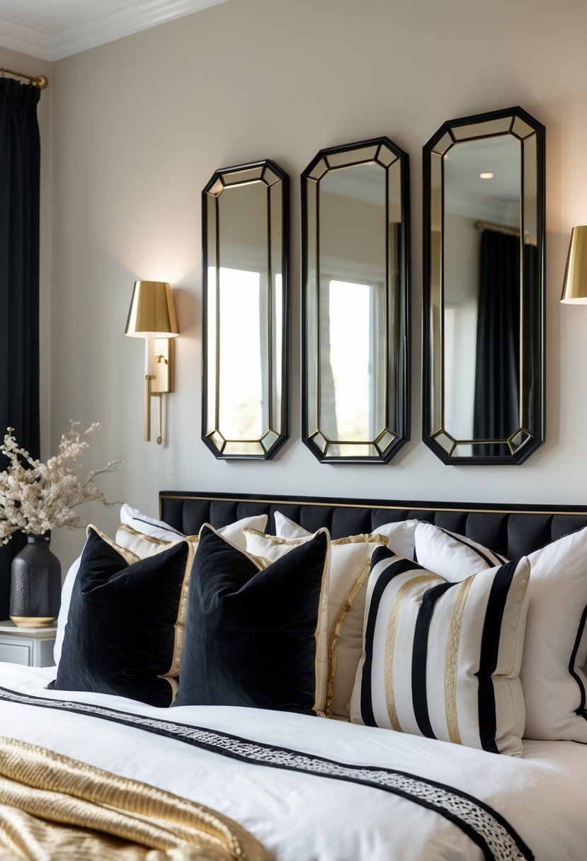 A bedroom with gold wall mirrors in black frames hanging on the wall above a bed with black and gold bedding and decor.