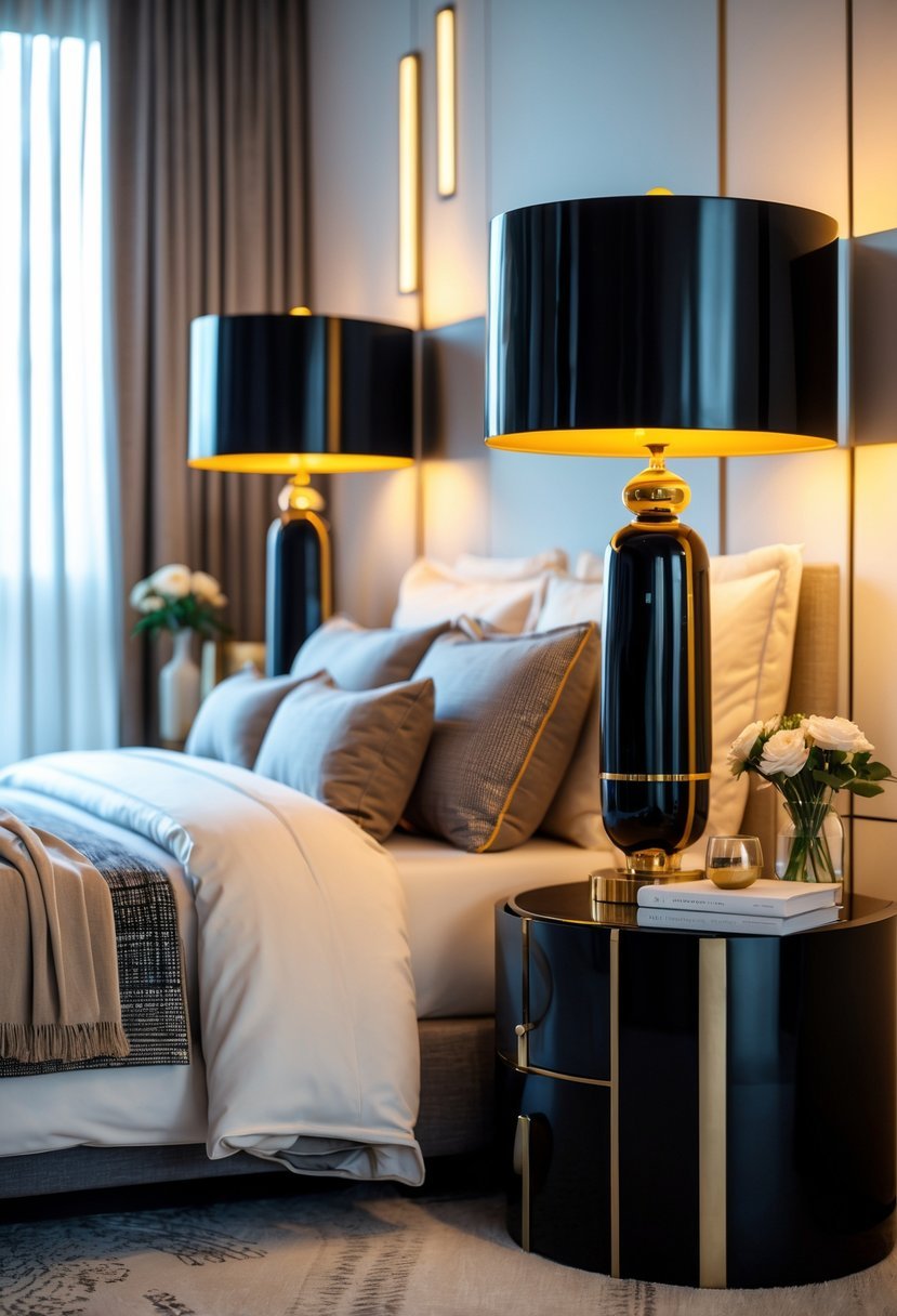 A bedroom with black and gold bedside lamps on either side of a bed, with warm lighting and simple decor.